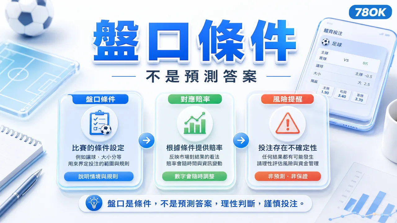 盤口是什麼?新手一次看懂運彩盤口的真正用意與判讀技巧 3 78OK 盤口條件不是預測答案示意圖