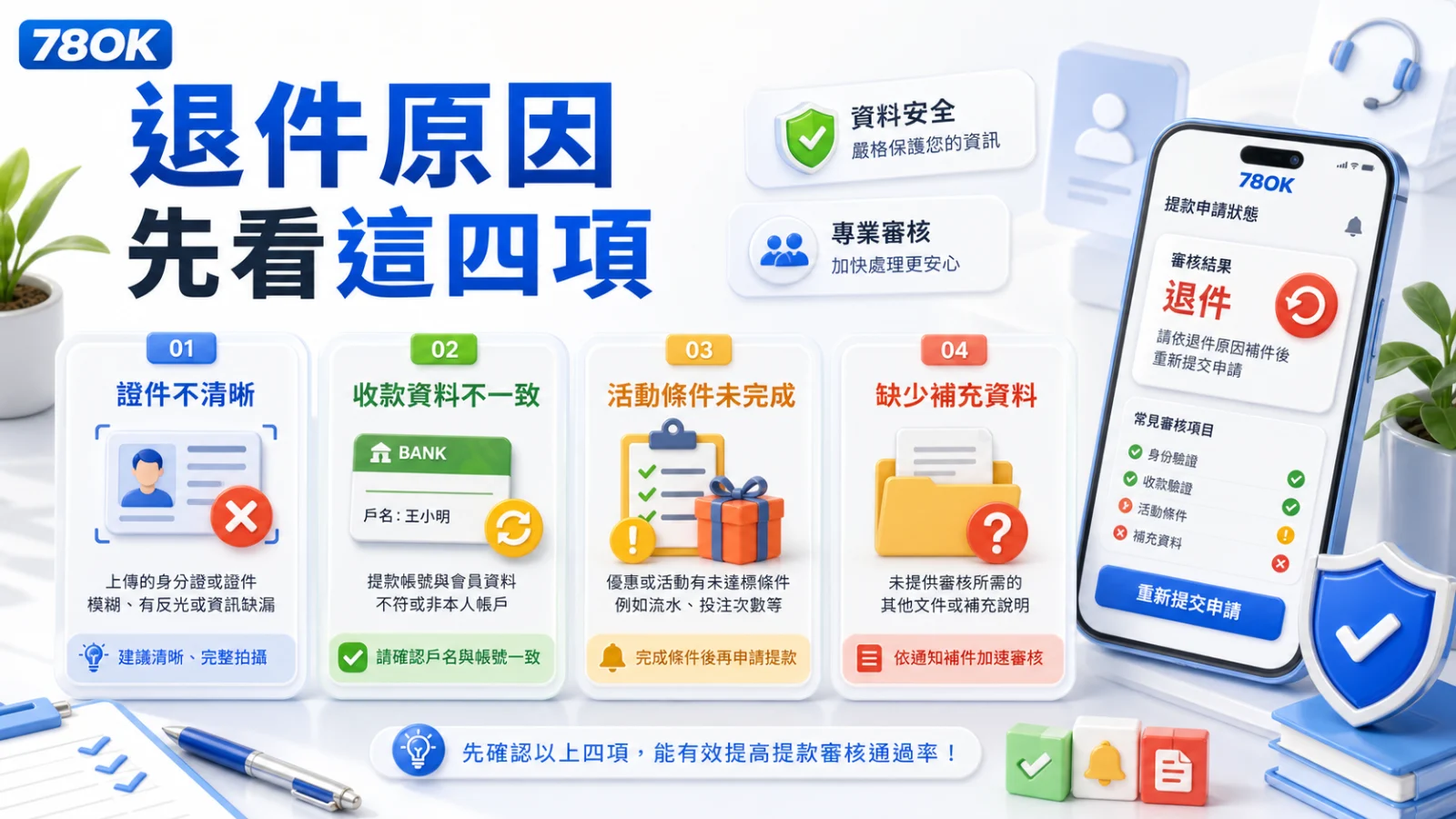 78OK出金被退回怎麼辦?退件原因、補件資料與客服詢問範本 2 78OK 出金退件原因四項檢查,包含證件、收款資料、活動條件與補充資料