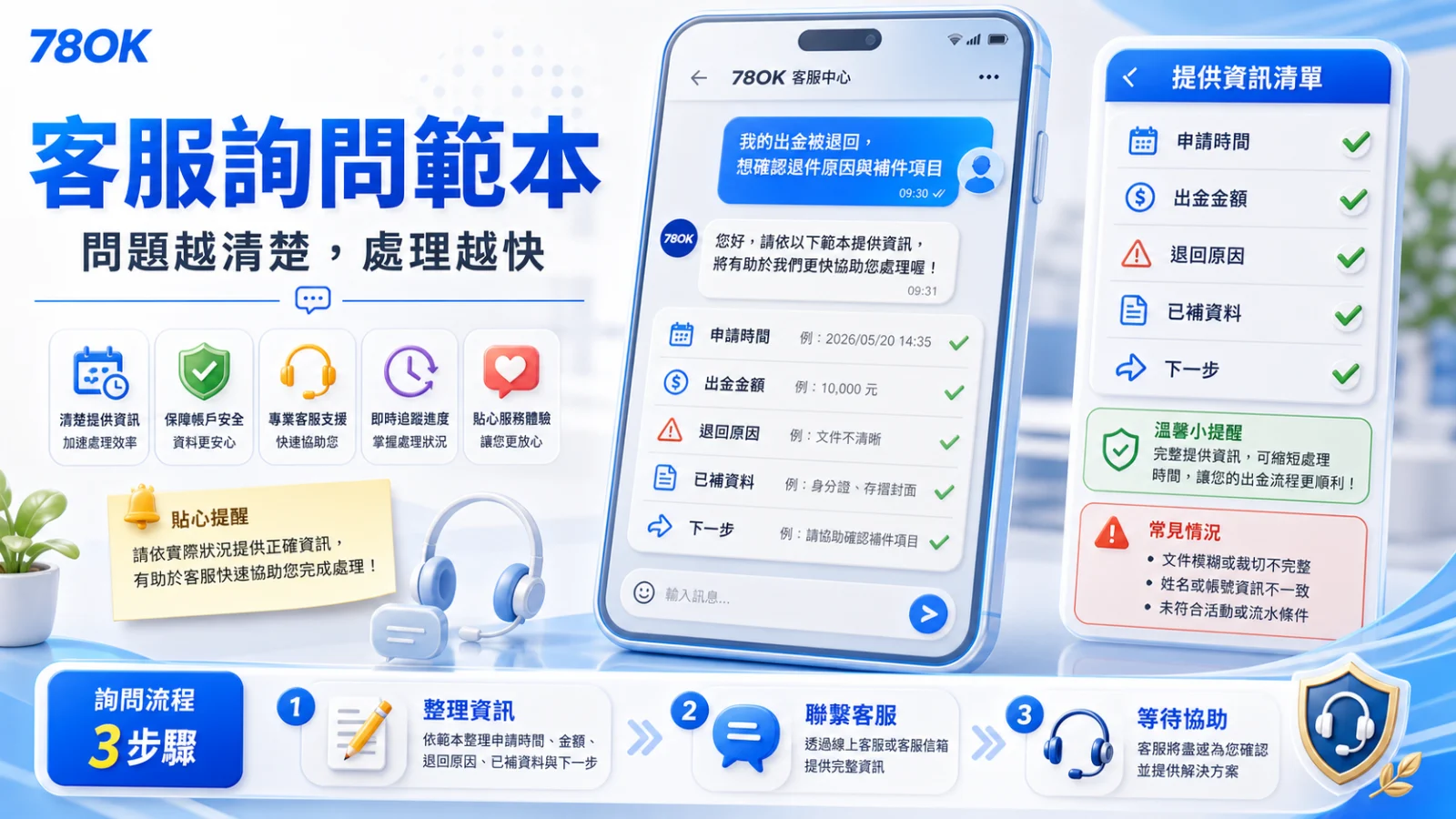 78OK出金被退回怎麼辦?退件原因、補件資料與客服詢問範本 4 78OK 出金退回客服詢問範本,包含申請時間、出金金額、退回原因、已補資料與下一步
