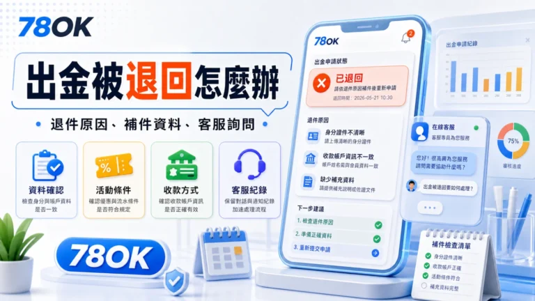 78OK 出金被退回處理流程、退件原因、補件資料與客服詢問多色示意圖