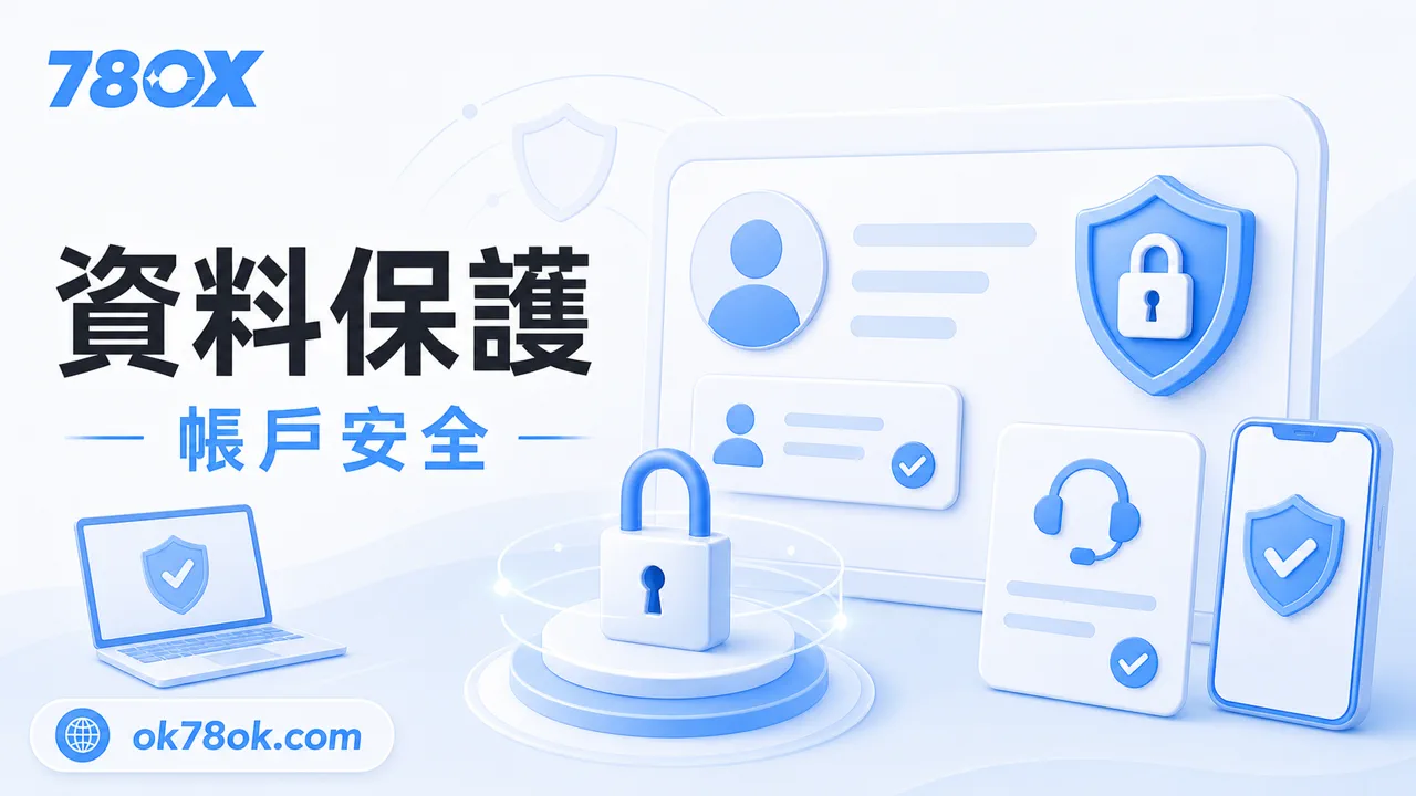78OK 帳戶安全與資料保護示意圖，提醒玩家保留證據並確認客服管道