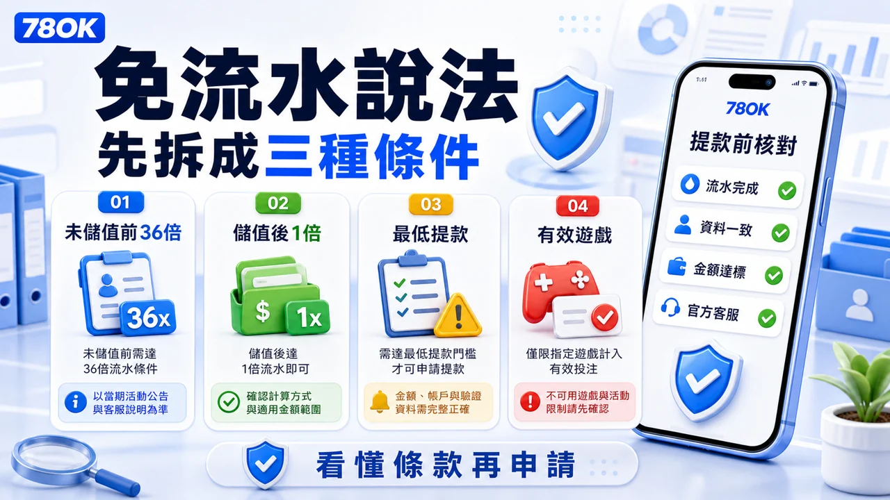 78OK 免流水說法與提款前核對圖，提醒讀者拆分未儲值 36 倍、儲值後 1 倍、最低提款與有效遊戲