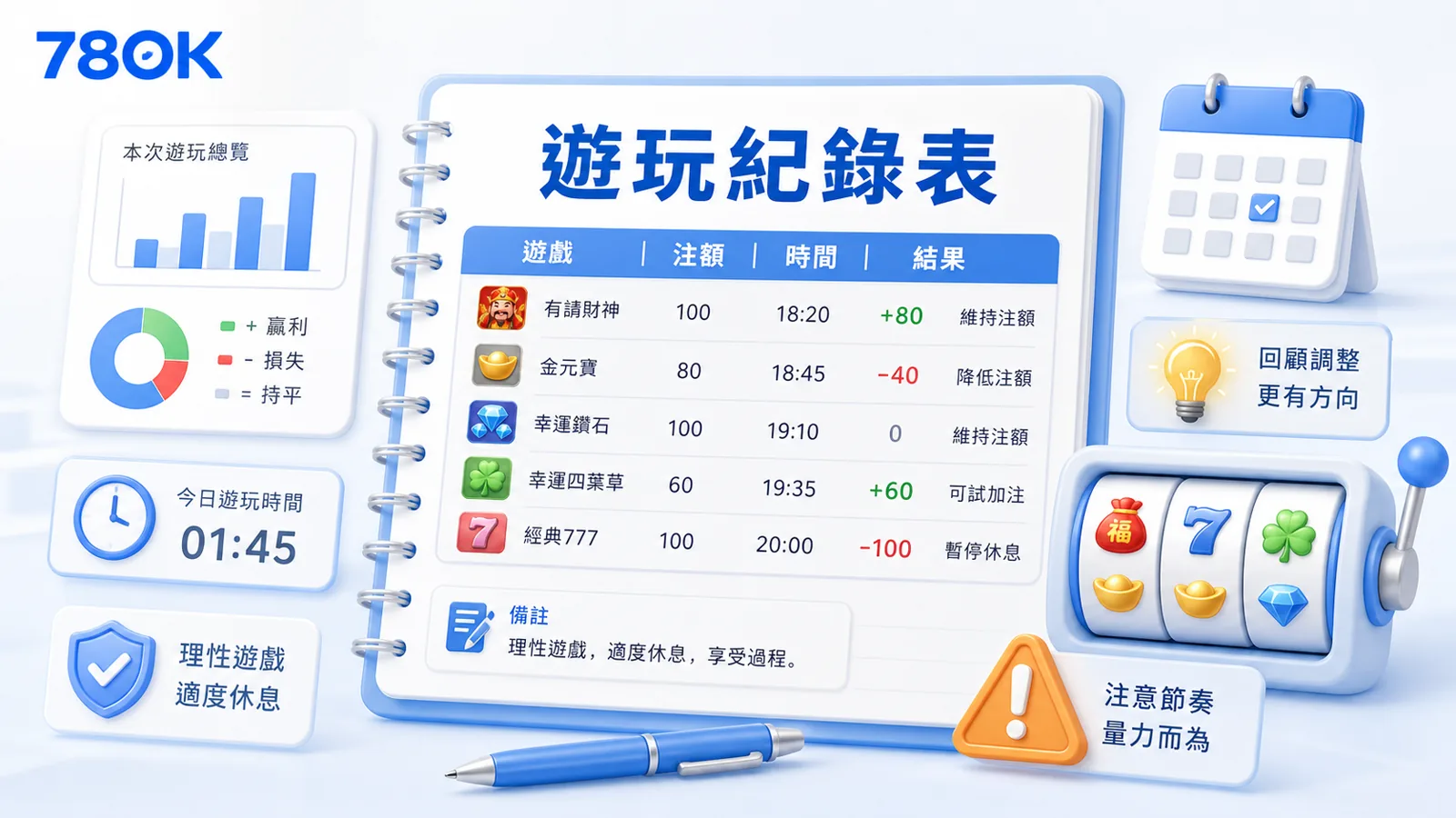 老虎機遊玩紀錄表圖，包含遊戲、注額、時間與結果紀錄