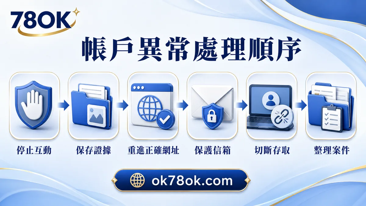 78OK 帳戶異常處理順序：停止互動、保存證據、重進入口、保護信箱、切斷存取、整理案件