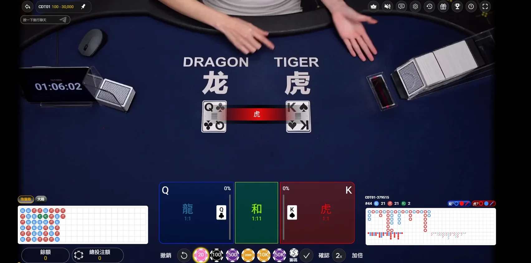 龍Q、虎K,K大於Q,最後由虎勝出。